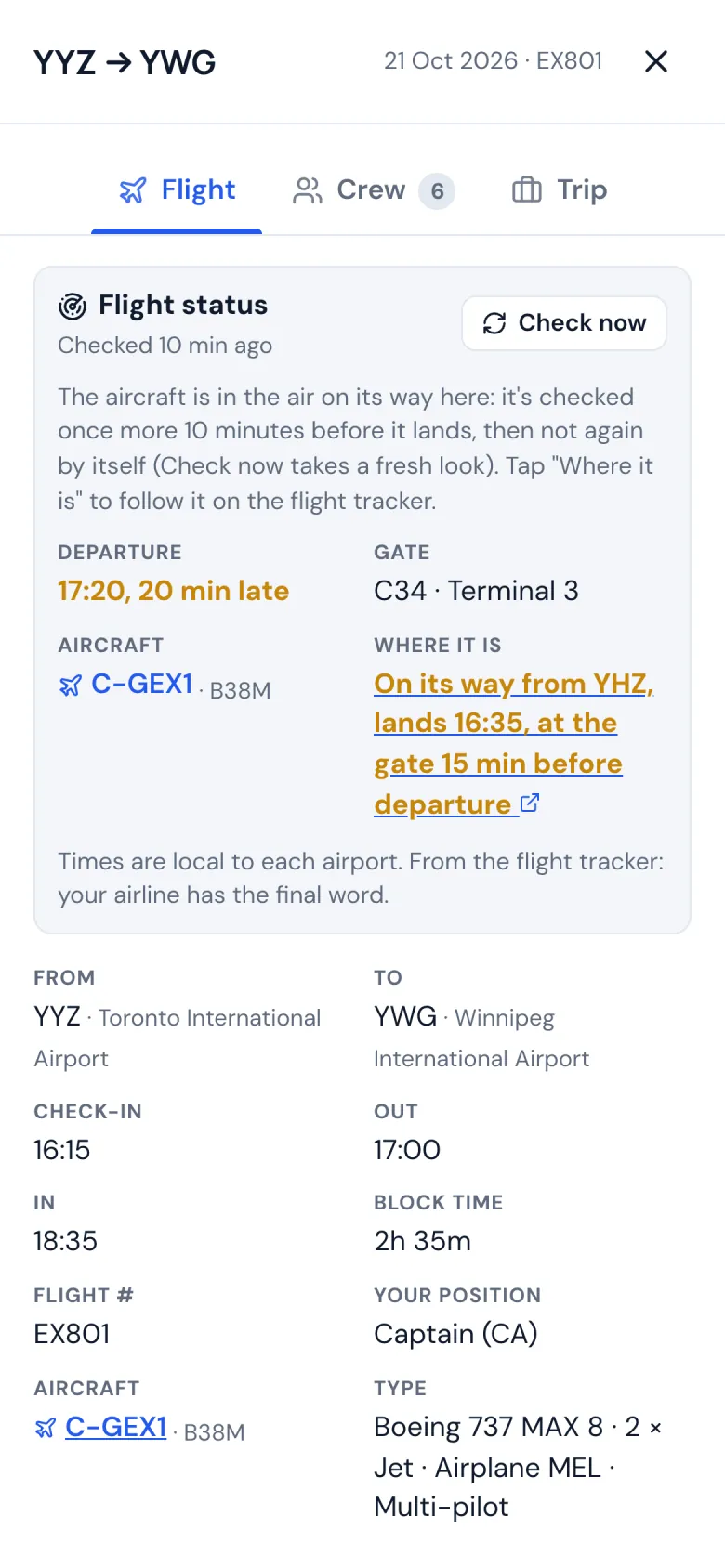 A flight on a phone: its status, a 20 minute delay, the gate and the aircraft