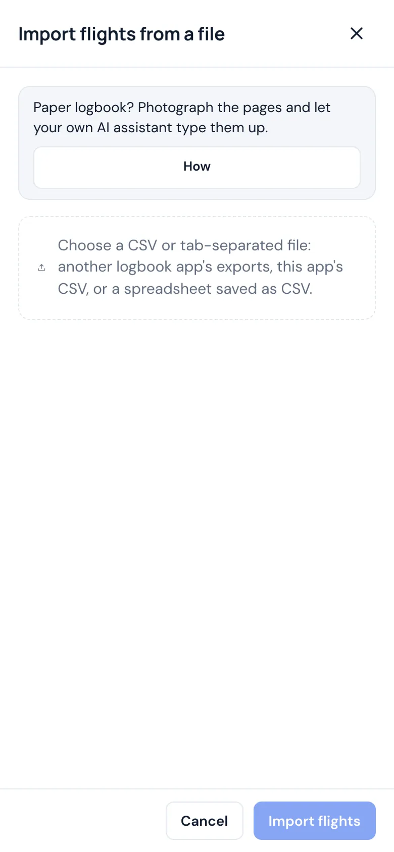 Importing a logbook from a spreadsheet on a phone