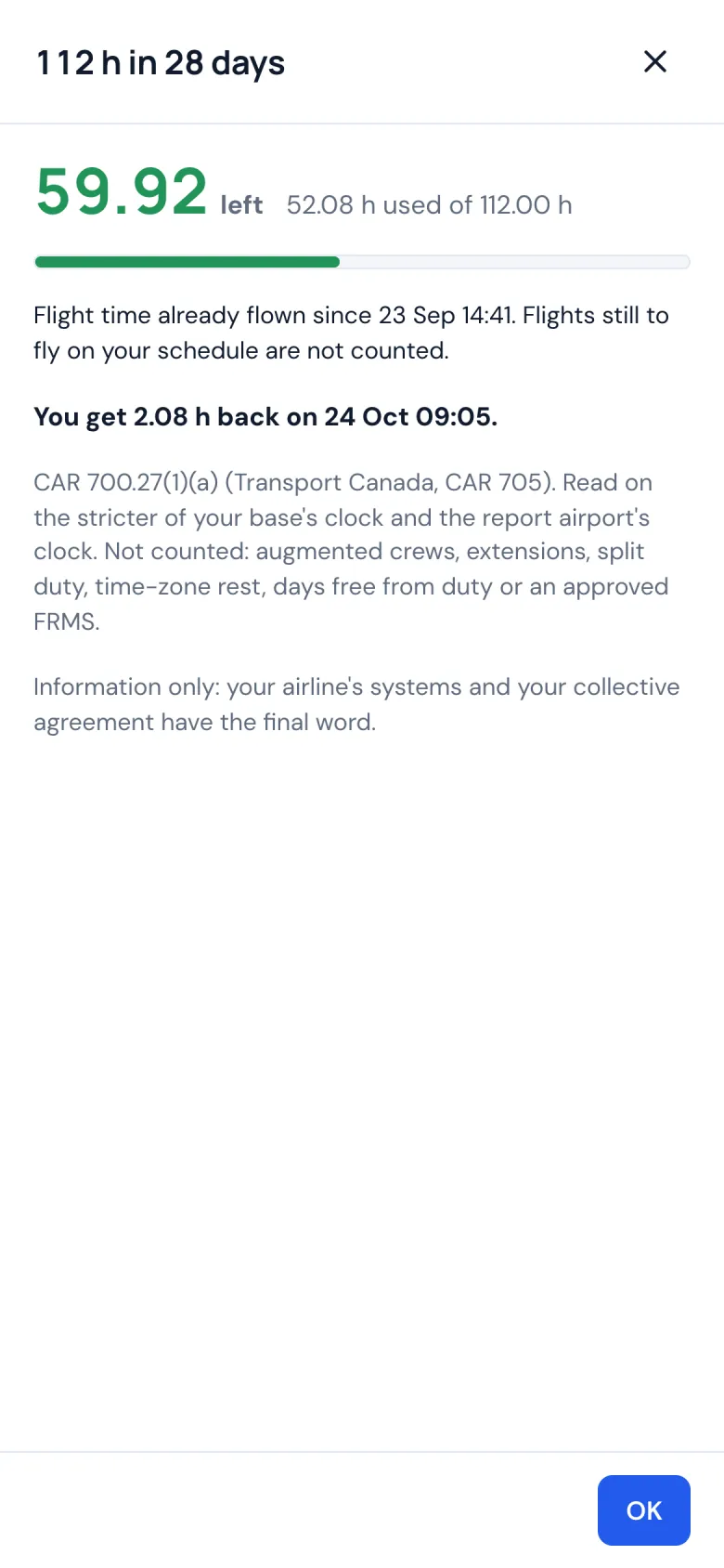 Flight and duty limits on a phone: hours flown against each limit