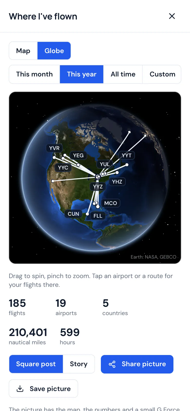 A globe on a phone with the airports and routes flown over North America, and the totals below