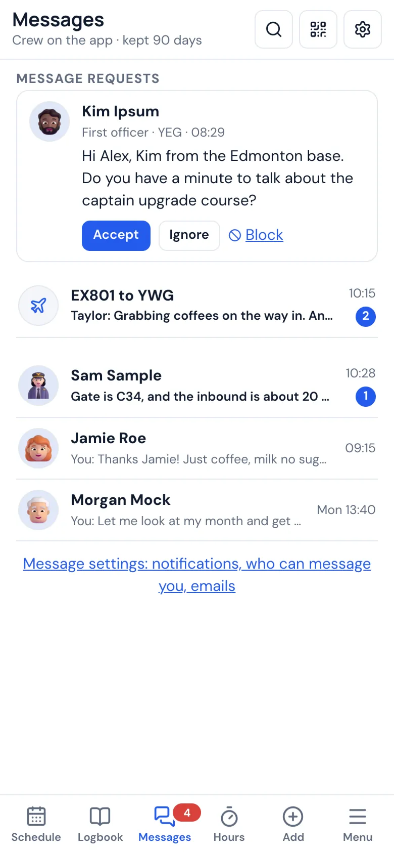 Messages on a phone: conversations with crew and a message request