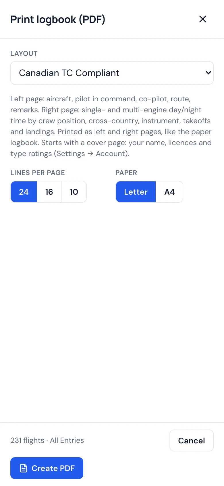 Printing the logbook as a PDF on a phone: the format and the pages