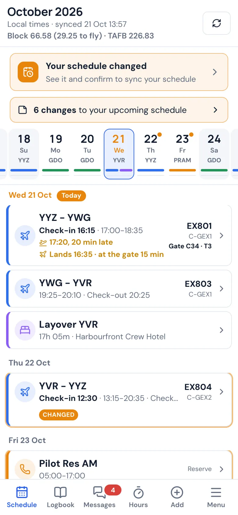 The schedule on a phone: today's flights with check-in, check-out and the layover hotel