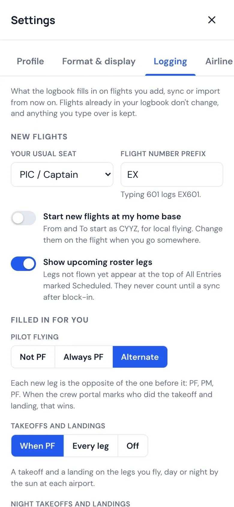 Logging settings on a phone: your seat, pilot flying, and takeoffs and landings