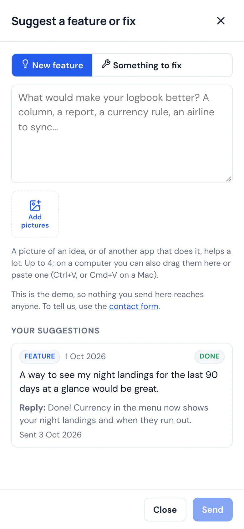 Suggest a feature or fix on a phone: a form to write it