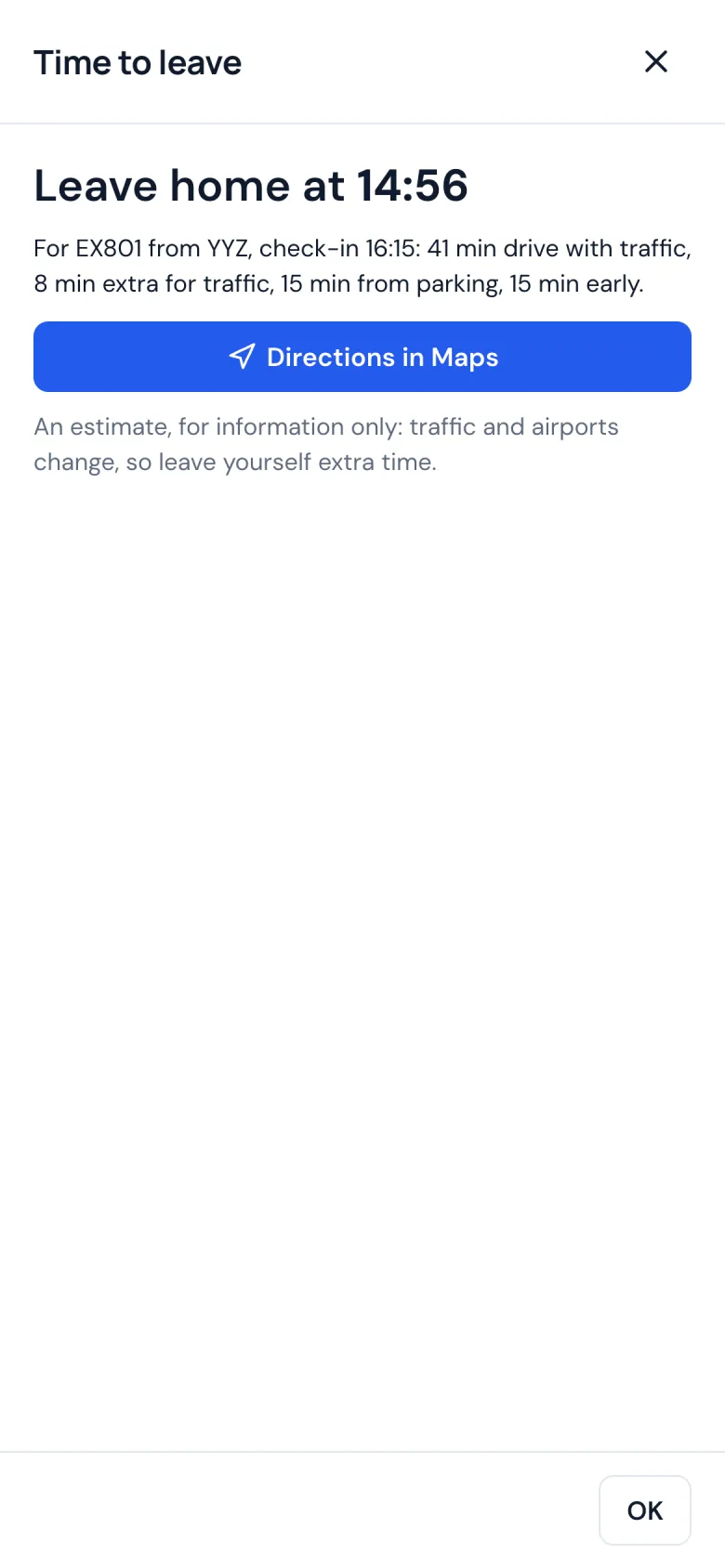 Time to leave on a phone: when to leave for check-in and the drive time